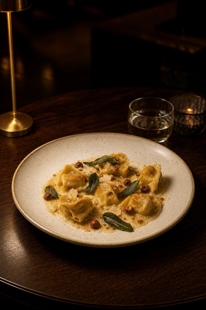Agnolotti de setas en atmósfera íntima nocturna: nogal, luz de tungsteno y sombra profunda.