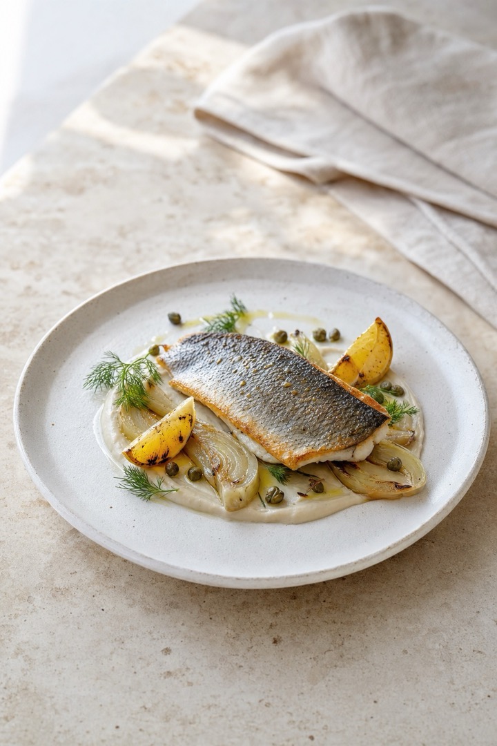 Dorada con hinojo y limón en atmósfera mediterránea luminosa: travertino, lino y mañana suave.