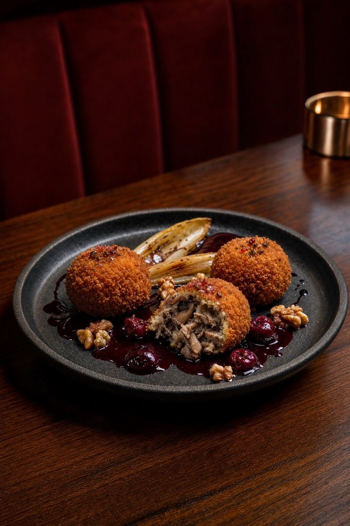 Croquetas de pato y cereza en atmósfera de wine bar contemporáneo: nogal, burdeos y reflejo metálico.