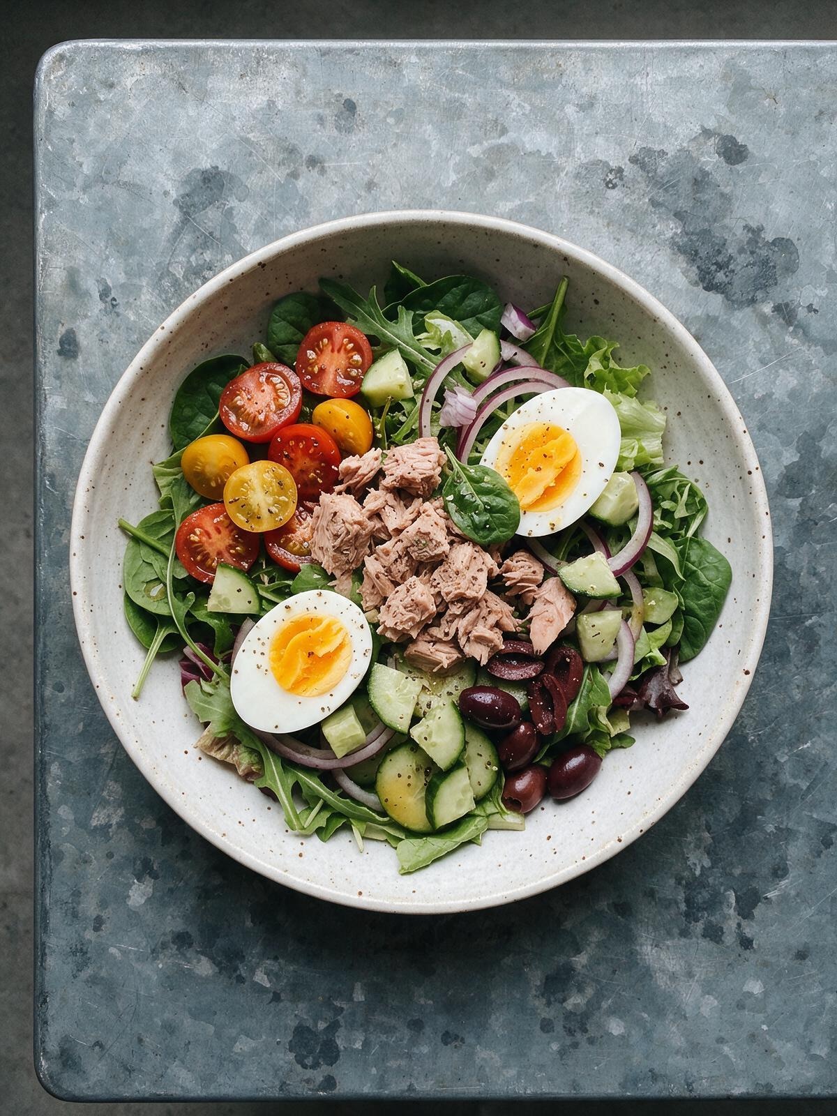 Ensalada mixta con tomate, huevo cocido y atún en un bol ancho sobre zinc mate, con luz cenital difusa.