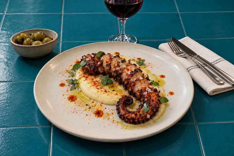 El mismo pulpo, con el mismo ángulo, en una mesa de azulejo verde azulado con su copa, aceitunas y servilleta. Foto de estudio creada con nuestro motor de inteligencia artificial.