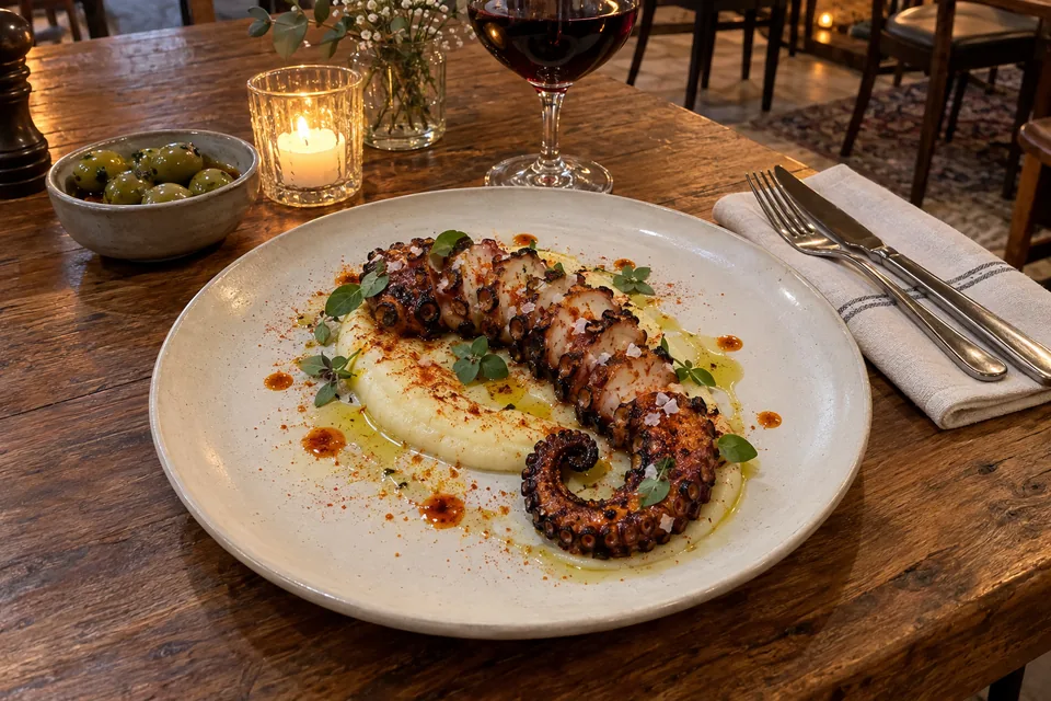 Pulpo a la brasa con parmentier y pimentón en una mesa de restaurante con vela y copa de vino: foto de partida de ejemplo, generada con inteligencia artificial.