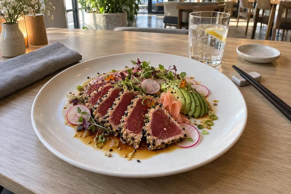 Tataki de atún rojo con sésamo, aguacate y rábano en una mesa de restaurante: foto de móvil de ejemplo, generada con inteligencia artificial.