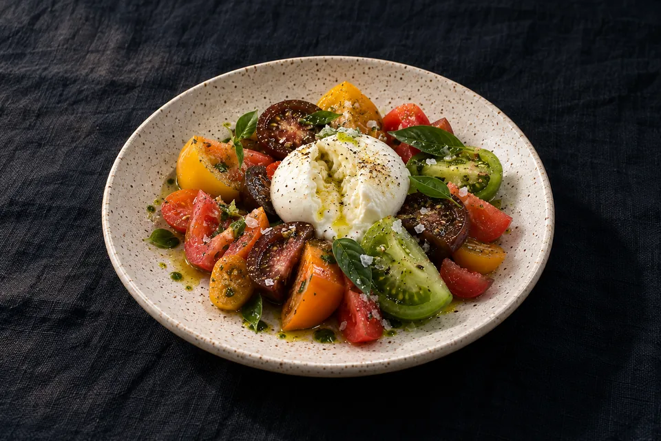 Los mismos tomates con burrata, más cerca y en diagonal, sobre lino azul oscuro. Foto de estudio creada con nuestro motor de inteligencia artificial.
