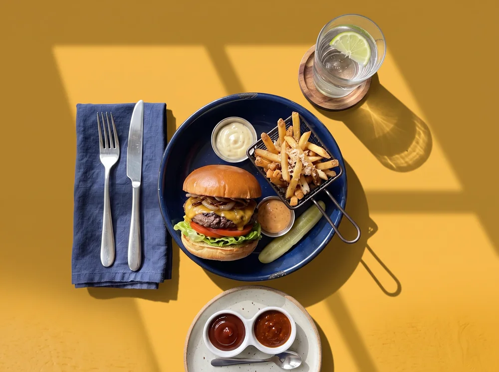 La misma hamburguesa, en el mismo plato y con el mismo ángulo, sobre fondo amarillo con sol de ventana. Foto de estudio creada con IA.