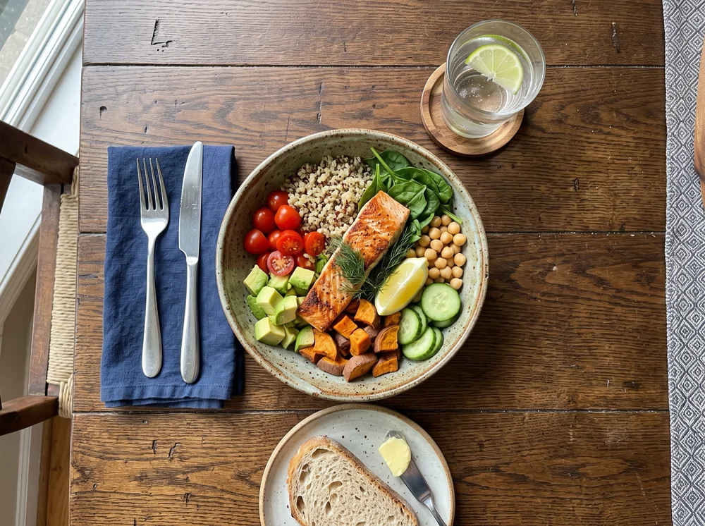 Bowl de salmón con quinoa y verduras en su foto de partida cedida, sobre madera junto a la ventana.