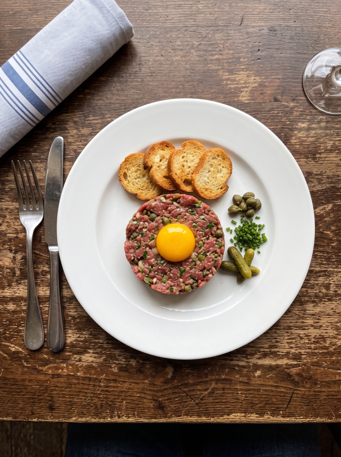 Steak tartare con yema, alcaparras y tostas en un plato blanco sobre una mesa de madera, visto desde arriba.