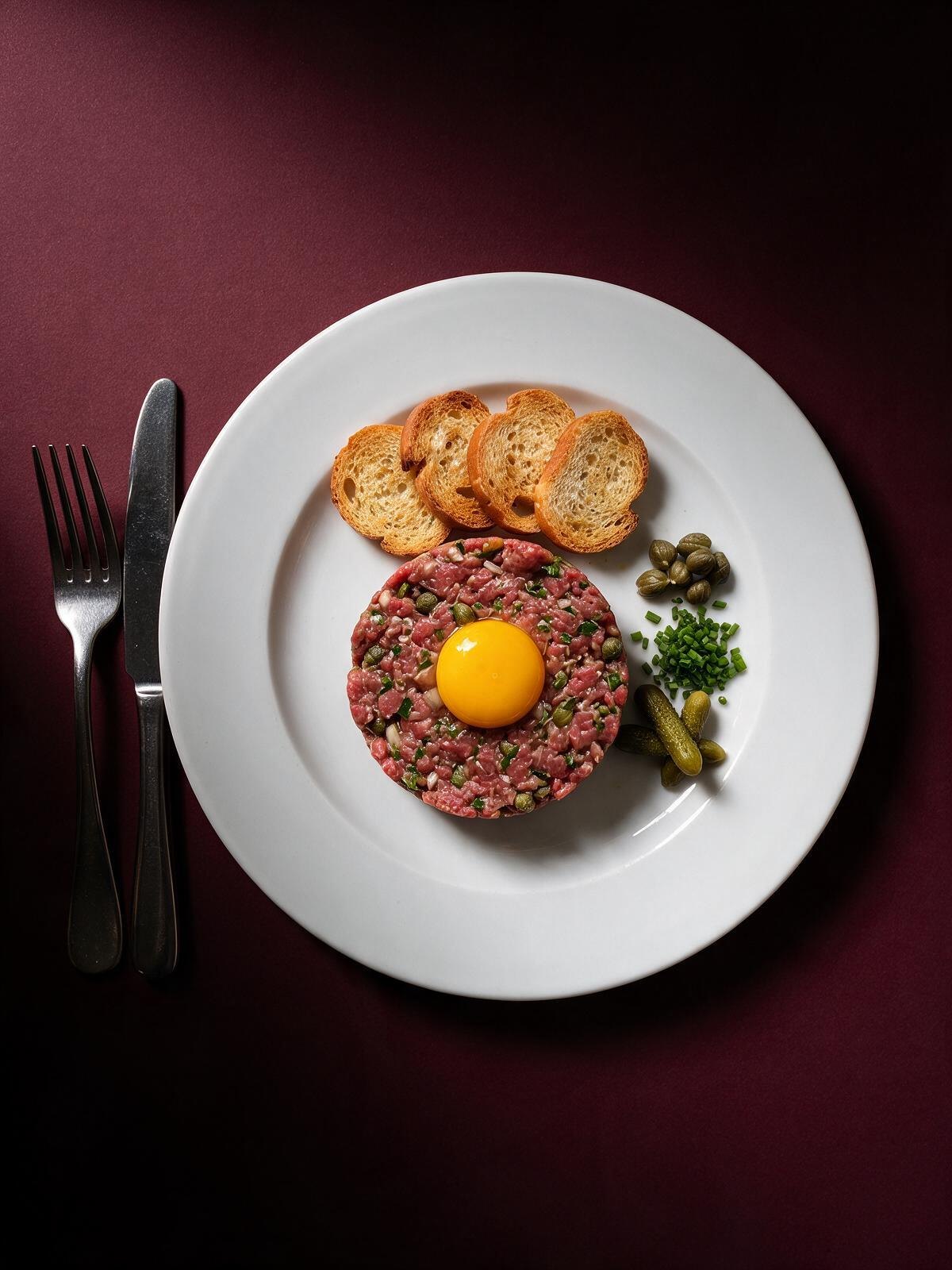 Steak tartare con yema, alcaparras, cebollino y tostas en un plato blanco sobre un fondo liso rojo vino oscuro, con un cuchillo y un tenedor a un lado.